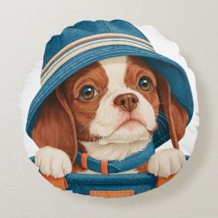 Coussins Ronds Chien marron blanc mignon à l'aquarelle Chapeau bl