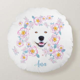 Coussins Ronds Chien Samoyède et fleurs roses, nom personnalisé