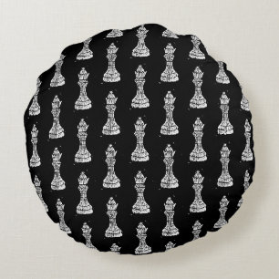 Coussins Ronds Chiffres d'échecs noirs et blancs Reine Linocut