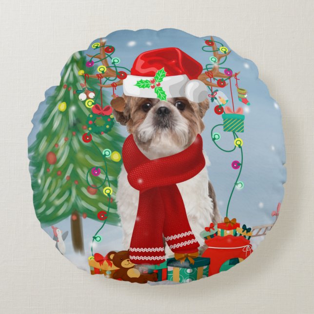 Coussins Ronds Chih Tzu Chien dans Noël de neige (Devant)