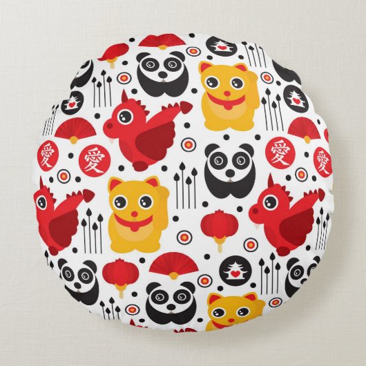 Coussins Ronds Chine lucky cat, dragon, and panda (Devant)