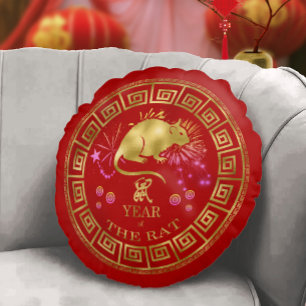 Coussins Ronds Chinois Zodiac Rat Rouge/Or ID542