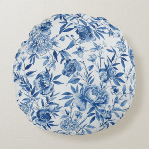 Coussins Ronds Chinoiserie Bleue Floral Botanique Aquarelle