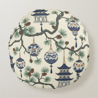 Coussins Ronds Chinoiserie Pagoda Ornament Design Pine Branch