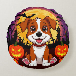 Coussins Ronds Chiot heureux dans un décor d'Halloween avec des c