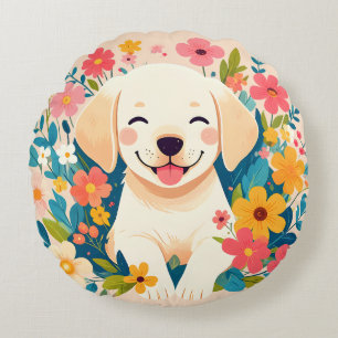 Coussins Ronds chiot labrador jaune au milieu des fleurs
