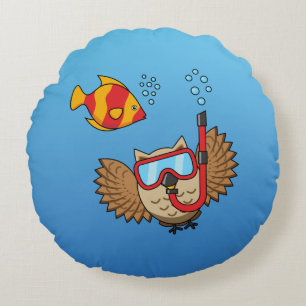 Coussins Ronds Chouette avec masque tuba et poisson tropical