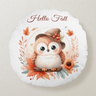 Coussins Ronds Chouette d'automne mignonne assise sur une branche