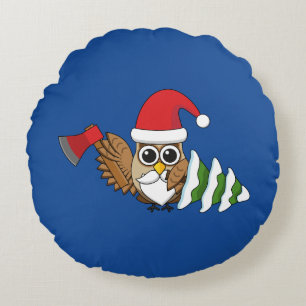 Coussins Ronds Chouette de Noël avec renard et pin