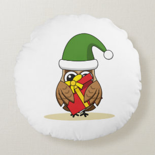 Coussins Ronds Chouette elfe de Noël avec présent