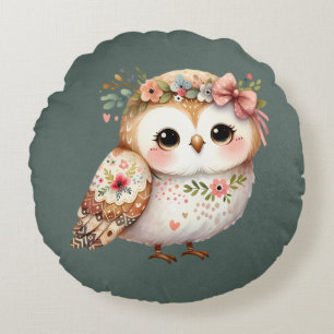 Coussins Ronds Chouette florale mignonne avec un nœud
