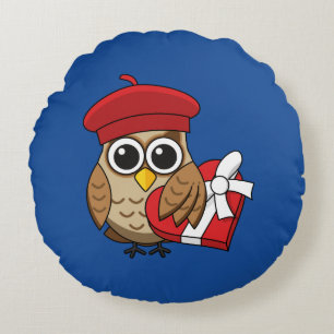 Coussins Ronds Chouette mignonne avec béret rouge et boîte cardia