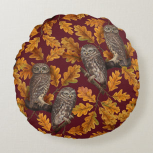 Coussins Ronds Chouettes d'automne sur rouge foncé