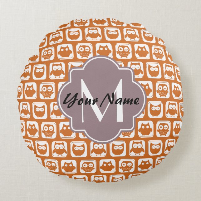 Coussins Ronds Chouettes orange monogrammes (Devant)