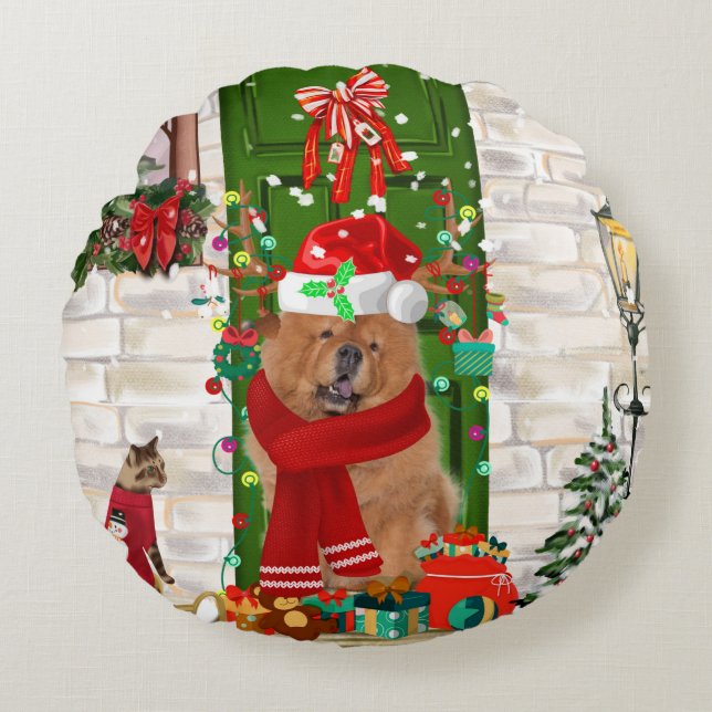 Coussins Ronds Chow Chow Chien Noël (Devant)