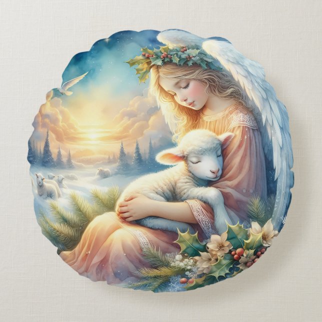 Coussins Ronds Christmas Angel with Lamb in Winter Peace (Devant)