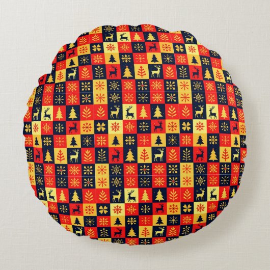 Coussins Ronds Christmas Checkerboard Pattern – Red & Yellow Tree (Devant)