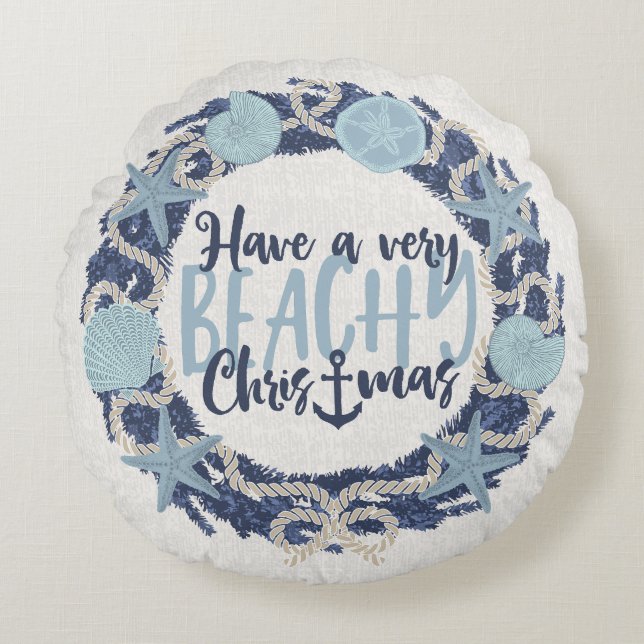Coussins Ronds Christmas Coastal Tropical Sea Shell Wreath -Blue (Devant)