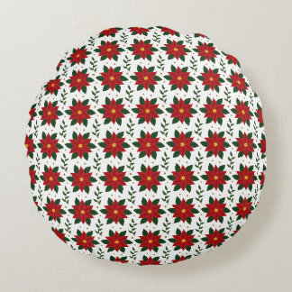 Coussins Ronds Christmas Poinsettia Floral Pattern | Red Green