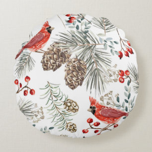 Coussins Ronds Christmas seamless pattern, cardinal birds, red be
