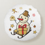 Coussins Ronds Christmas Snowman<br><div class="desc">Un mignon bonhomme de neige sur un traîneau avec un cadeau,  une petite lettre et des décorations de Noël.</div>