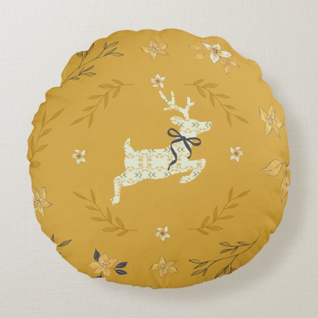 Coussins Ronds Christmastime Deer Yellow Floral (Devant)