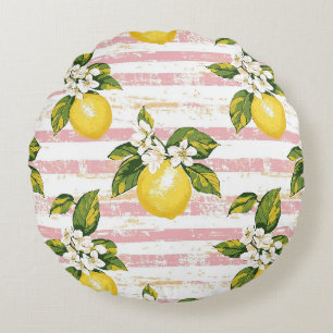 Coussins Ronds Citrons et fleurs vintages sur bandes rose et blan