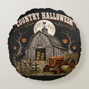 Coussins Ronds Citrouille d'Halloween de la grange de tracteur ag