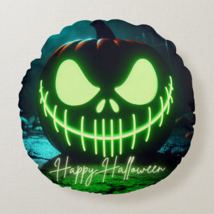 Coussins Ronds citrouille d'Halloween vert éffrayant