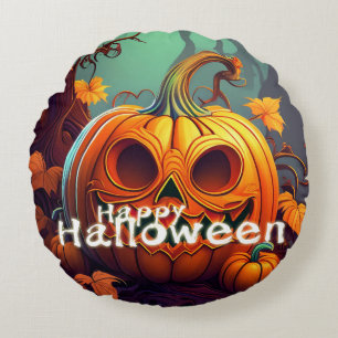 Coussins Ronds Citrouille orange effrayante avec visage, Hallowee