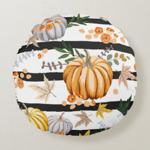 Coussins Ronds Citrouilles oranges d'automne, fleurs, feuilles, r