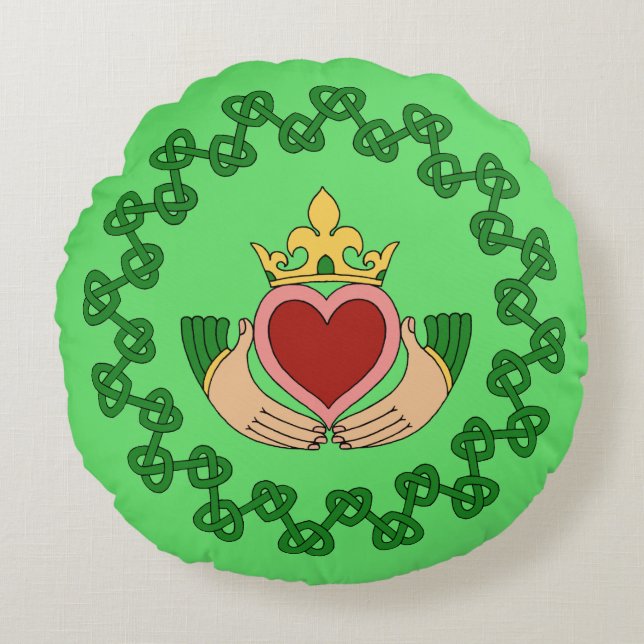 Coussins Ronds Claddagh et entrelacs verts (Devant)