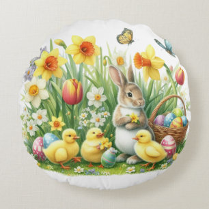 Coussins Ronds Classique/Vintage lapin/poulet de printemps
