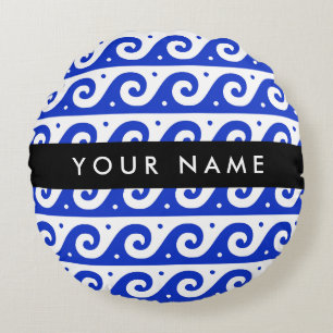 Coussins Ronds Clé de méandre grecque, Clé de vague, Bleu, Votre
