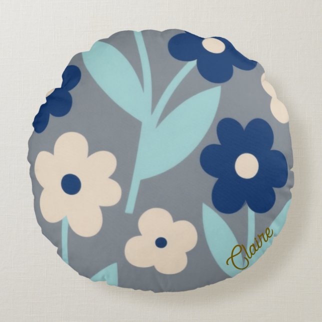 Coussins Ronds Coastal Calm Florals | Indigo & Turquoise pattern (Devant)