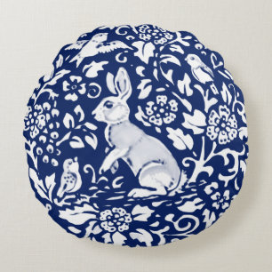 Coussins Ronds Cobalt Blue Rabbit Bird Floral Chinoiserie Dedham