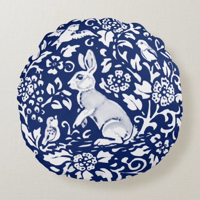 Coussins Ronds Cobalt Blue Rabbit Bird Floral Chinoiserie Dedham (Devant)