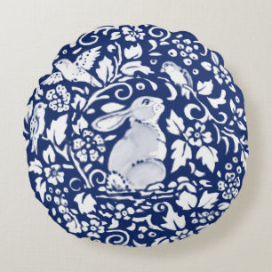 Coussins Ronds Cobalt Blue Rabbit Bird Floral Chinoiserie Dedham