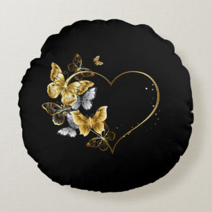 Coussins Ronds Coeur aux papillons d'or