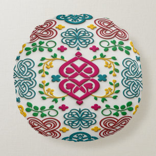 Coussins Ronds Cœur celtique vibrant et symphonie florale de nœud