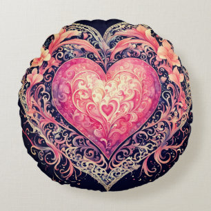 Coussins Ronds Coeur de la Saint-Valentin Fleurs Roses Ornements