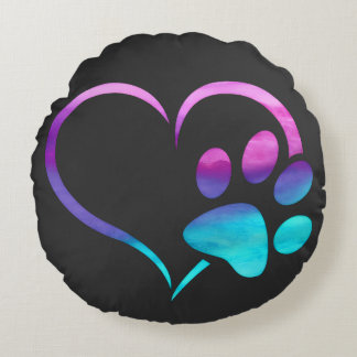 Coussins Ronds Cœur d'empreinte de patte de chien cyan violet