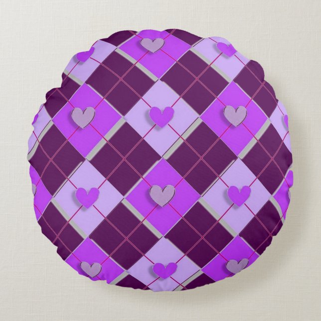 Coussins Ronds Cœurs Argyle Violets Et Lilas (Devant)