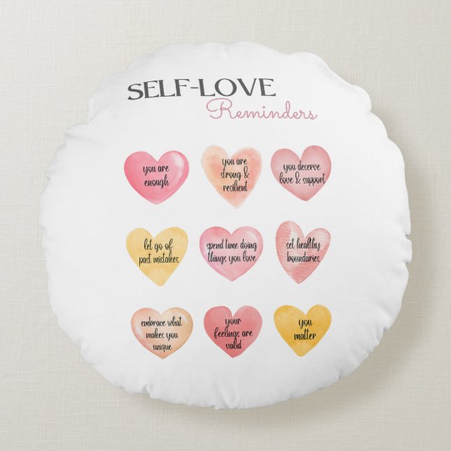 Coussins Ronds Coeurs d'Affirmation Pink Self-Love (Devant)