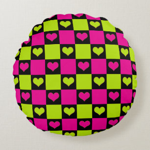 Coussins Ronds Cœurs damier - Vert citron, rose chaud et noir