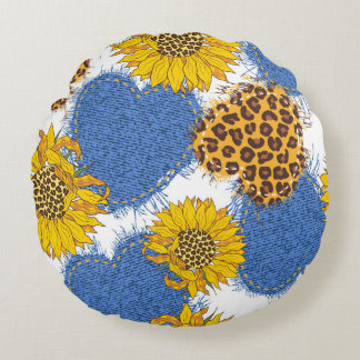 Coussins Ronds Coeurs Denim en tissu avec bords déchirés et le