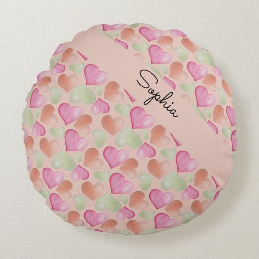 Coussins Ronds Coeurs mignons colorés Motif d'aquarelle (Devant)