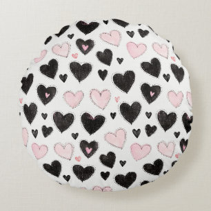 Coussins Ronds Cœurs Noirs Roses