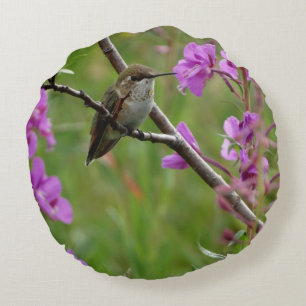 Coussins Ronds Colibri vert fond floral rose violet