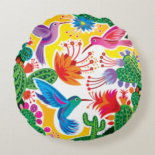 Coussins Ronds Colibris et cactus en fleurs
